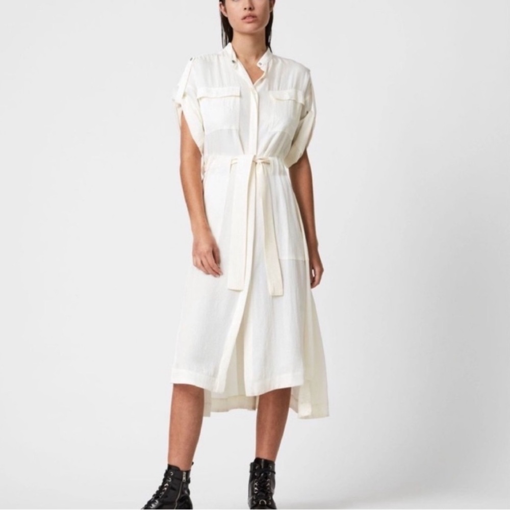 Allsaints Luciana Midi Shirt Dress Size 10 Ecru Ivory